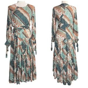 NWT Jaase Anthropologie M Patchwork Midi Dress Tiered‎ Flowy Long Sleeve Modest